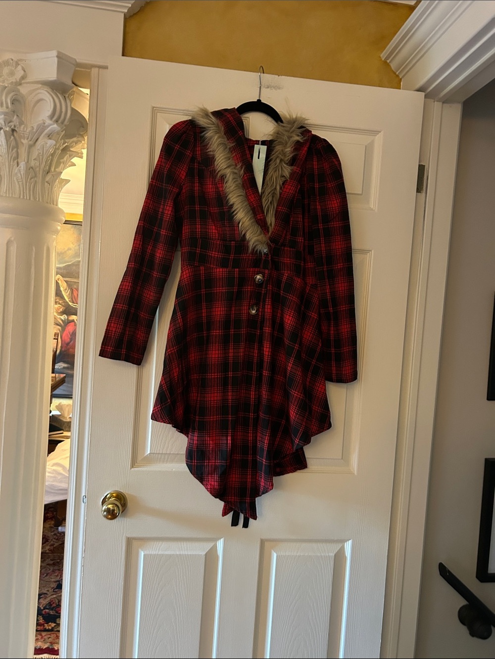 Plaid Hooded Coatigan with Faux Fur Trim - Red